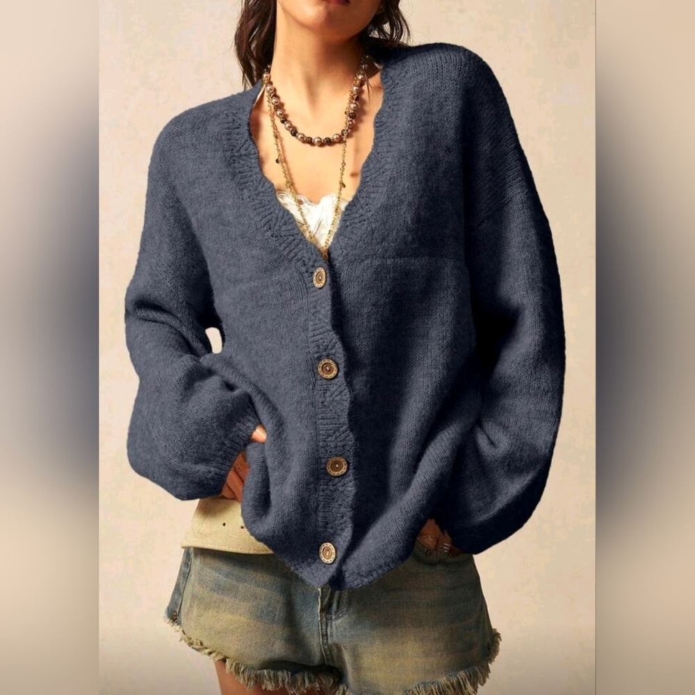 New Oversized Scalloped Trim Button Up Knit Cardigan Sweater Pockets Gray